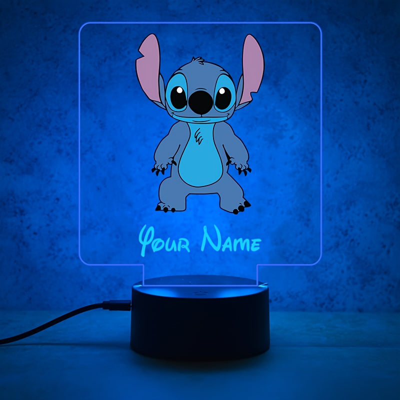 A Personalized Acrylic Night Light Featuring a Cute Design of Disney'S Stitch from Lilo & Stitch, Customizable with a Name, Color-Changing LED Table Lamp for The Bedroom, Powered by USB Or Batteries, Includes a USB Cable (Batteries Not Included), Suitable