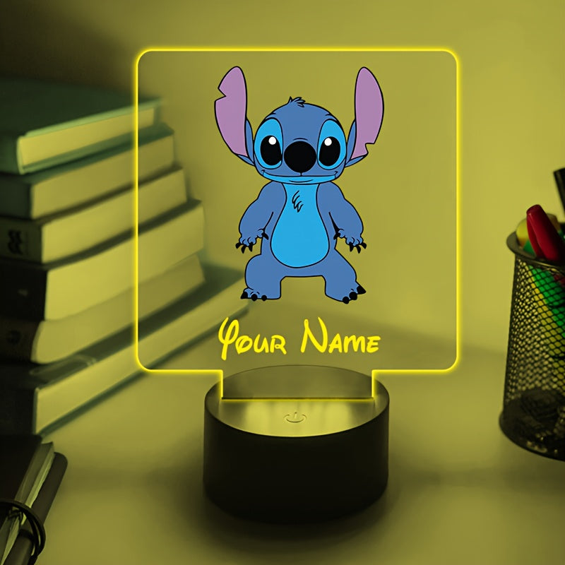 A Personalized Acrylic Night Light Featuring a Cute Design of Disney'S Stitch from Lilo & Stitch, Customizable with a Name, Color-Changing LED Table Lamp for The Bedroom, Powered by USB Or Batteries, Includes a USB Cable (Batteries Not Included), Suitable