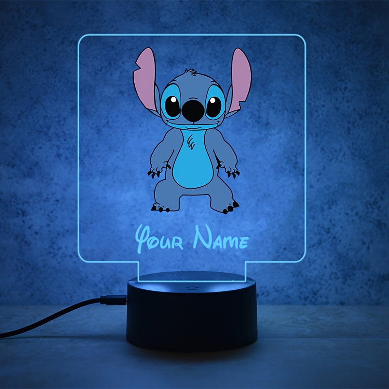A Personalized Acrylic Night Light Featuring a Cute Design of Disney'S Stitch from Lilo & Stitch, Customizable with a Name, Color-Changing LED Table Lamp for The Bedroom, Powered by USB Or Batteries, Includes a USB Cable (Batteries Not Included), Suitable