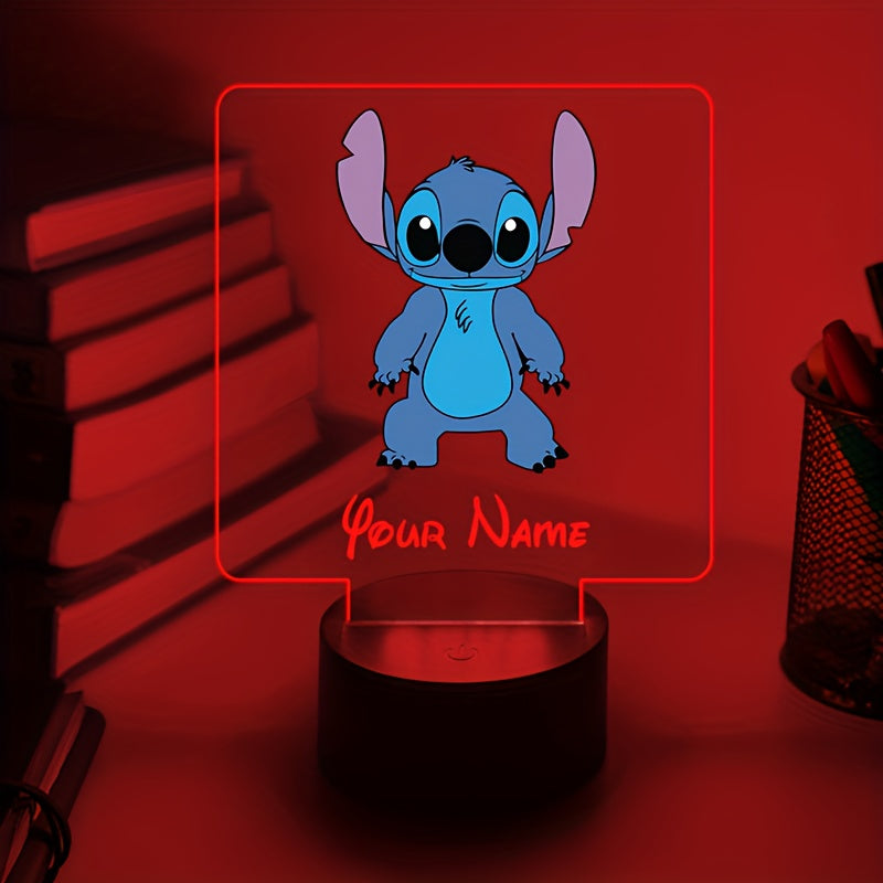 A Personalized Acrylic Night Light Featuring a Cute Design of Disney'S Stitch from Lilo & Stitch, Customizable with a Name, Color-Changing LED Table Lamp for The Bedroom, Powered by USB Or Batteries, Includes a USB Cable (Batteries Not Included), Suitable