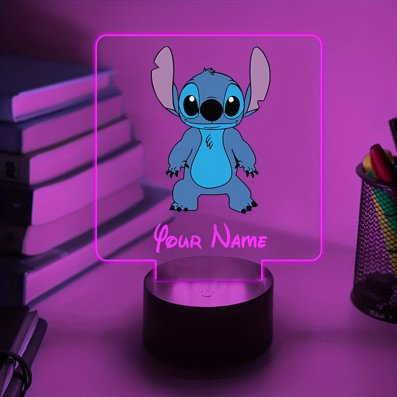A Personalized Acrylic Night Light Featuring a Cute Design of Disney'S Stitch from Lilo & Stitch, Customizable with a Name, Color-Changing LED Table Lamp for The Bedroom, Powered by USB Or Batteries, Includes a USB Cable (Batteries Not Included), Suitable