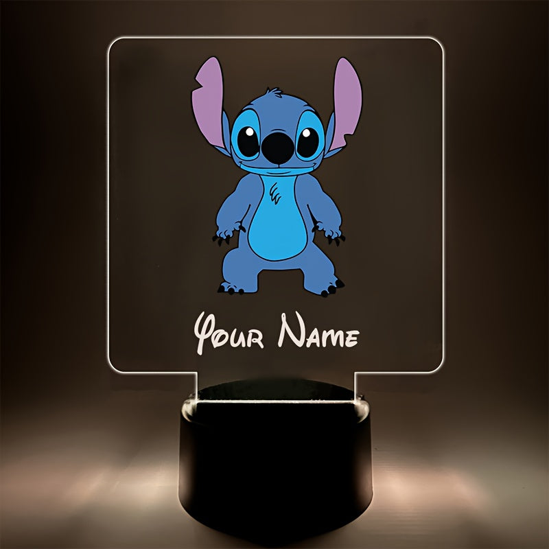 A Personalized Acrylic Night Light Featuring a Cute Design of Disney'S Stitch from Lilo & Stitch, Customizable with a Name, Color-Changing LED Table Lamp for The Bedroom, Powered by USB Or Batteries, Includes a USB Cable (Batteries Not Included), Suitable