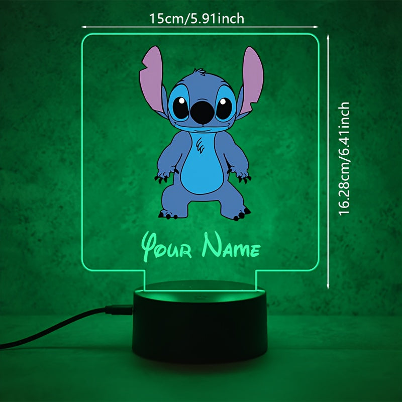 A Personalized Acrylic Night Light Featuring a Cute Design of Disney'S Stitch from Lilo & Stitch, Customizable with a Name, Color-Changing LED Table Lamp for The Bedroom, Powered by USB Or Batteries, Includes a USB Cable (Batteries Not Included), Suitable